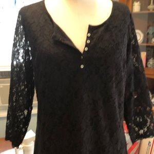 Black lace Henley 3/4 sleeve 100% cotton top from Dressbarn Size L